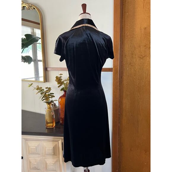 LIKA STEEL Velour Fit & Flare Midi Dress Short Sleeve Collar‎ Black Size Large - Picture 4 of 8